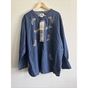 The Quacker Factory Shirt Denim Embroidered Dragonfly Button Covers 3X NWT